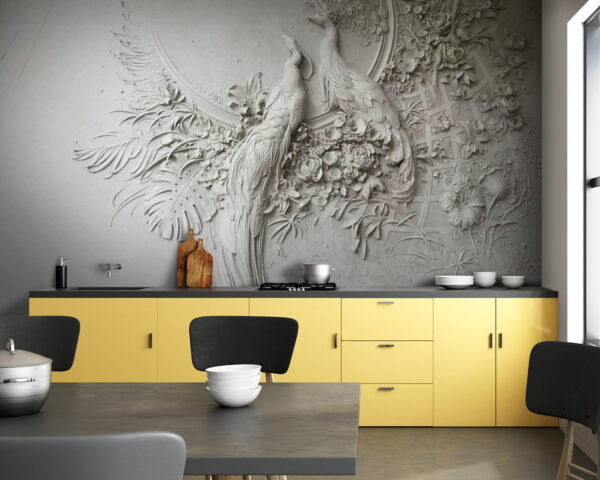 Mur blanc avec un couple d'oiseaux et de fleurs Mur blanc avec un couple d'oiseaux et de fleurs