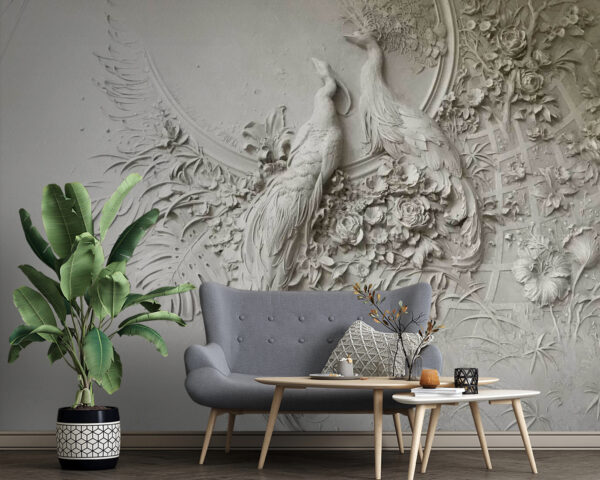 Mur blanc avec un couple d'oiseaux et de fleurs Mur blanc avec un couple d'oiseaux et de fleurs