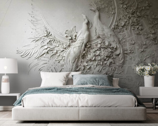 Mur blanc avec un couple d'oiseaux et de fleurs Mur blanc avec un couple d'oiseaux et de fleurs