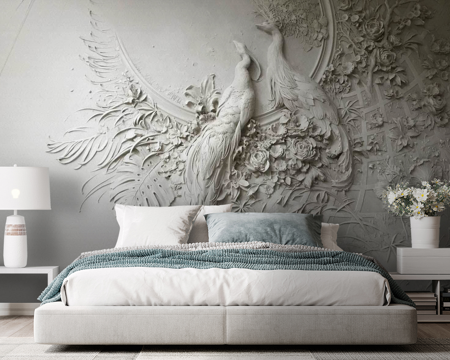 White wall with a couple of birds and flowers White wall with a couple of birds and flowers