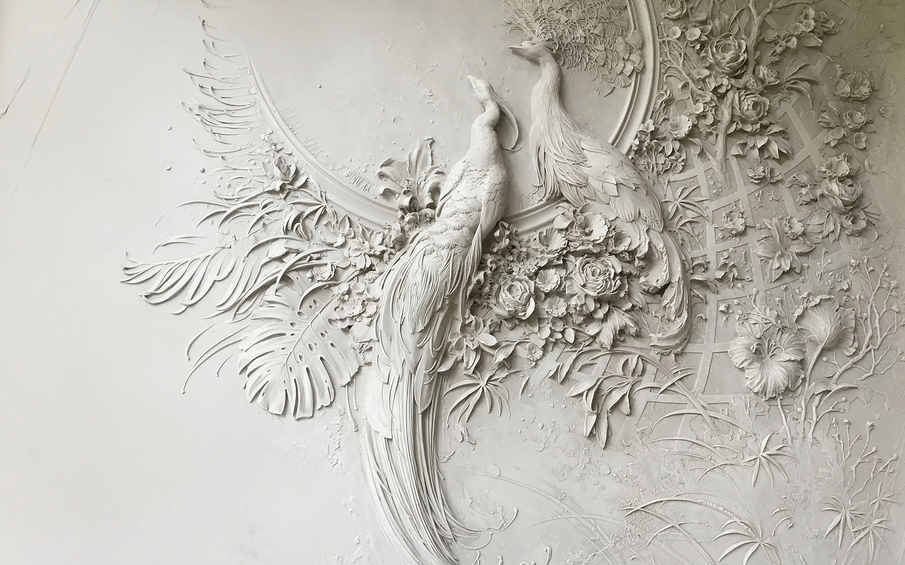 White wall with a couple of birds and flowers White wall with a couple of birds and flowers