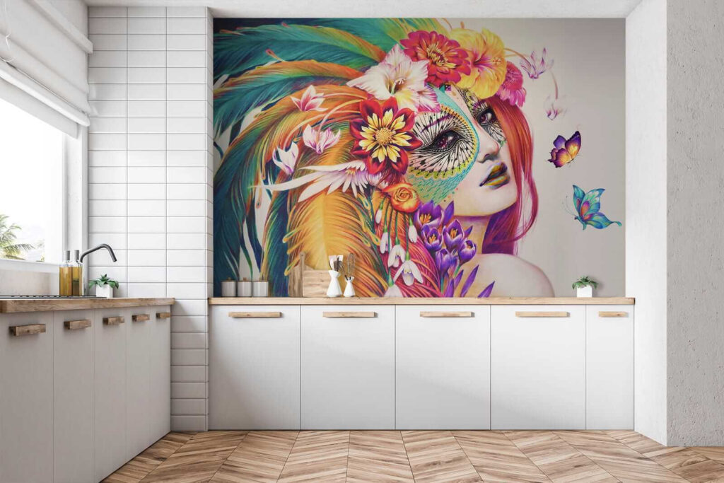 Woman with colorful feathers and flowers Woman with colorful feathers and flowers