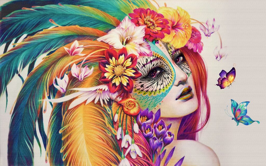 Femme avec des plumes et des fleurs colorées Femme avec des plumes et des fleurs colorées