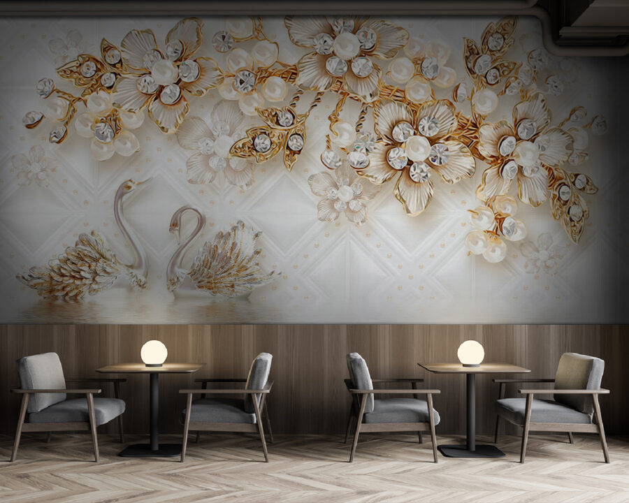 Papier peint avec des cygnes et des fleurs