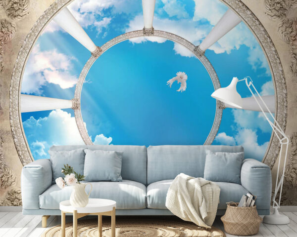 Papier peint Papier peint Plafond circulaire avec colonnes et oiseau volant dans le ciel (UGS : u44916)