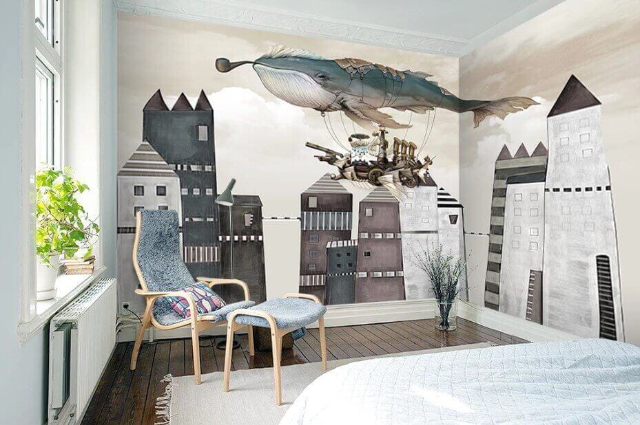 u44334pib1m - Baleine survolant une ville - tegory