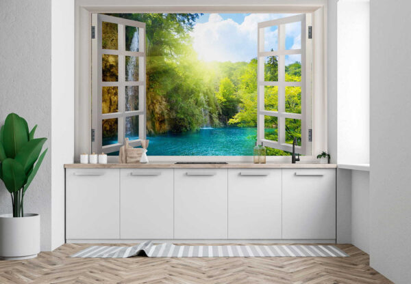 Fenêtre avec cascade et arbres Fenêtre avec cascade et arbres