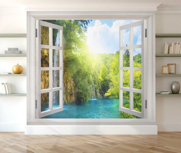 Fenêtre avec cascade et arbres Fenêtre avec cascade et arbres