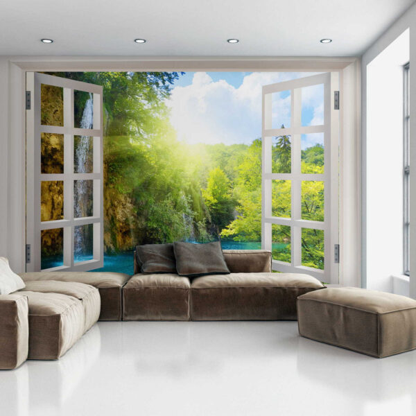 Fenêtre avec cascade et arbres Fenêtre avec cascade et arbres