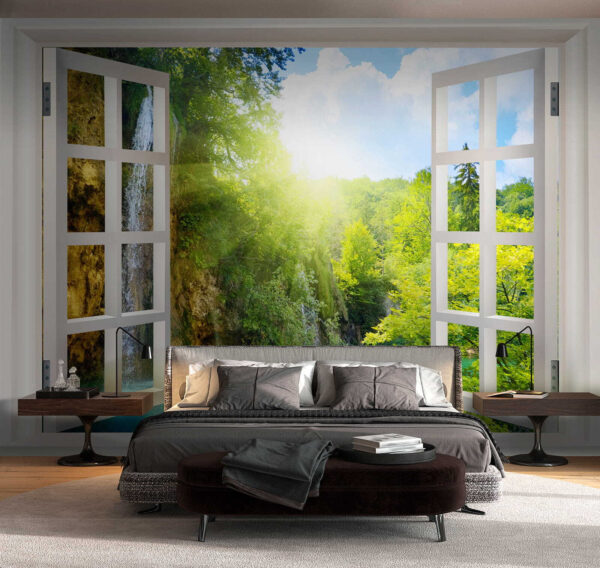 Fenêtre avec cascade et arbres Fenêtre avec cascade et arbres