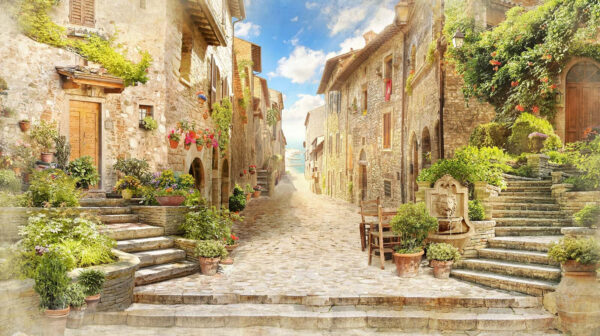 Rue en pierre avec des bâtiments en pierre et des plantes Rue en pierre avec des bâtiments en pierre et des plantes