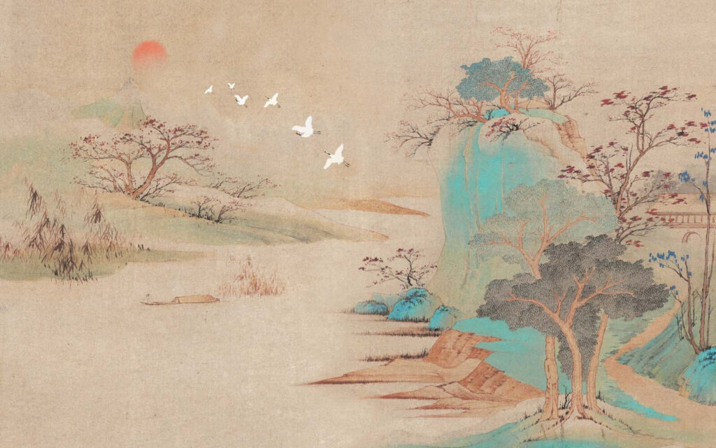 Peinture d'un paysage avec des arbres et des oiseaux en vol Peinture d'un paysage avec des arbres et des oiseaux en vol