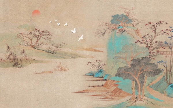Peinture d'un paysage avec des arbres et des oiseaux en vol Peinture d'un paysage avec des arbres et des oiseaux en vol