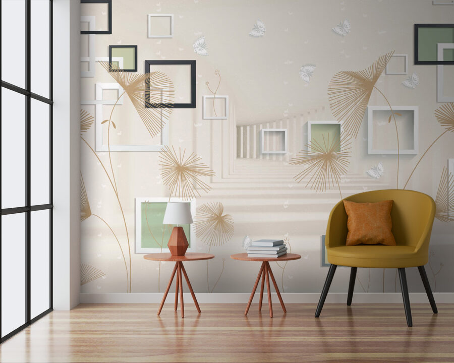 Papier peint avec des fleurs et des papillons blancs et bruns