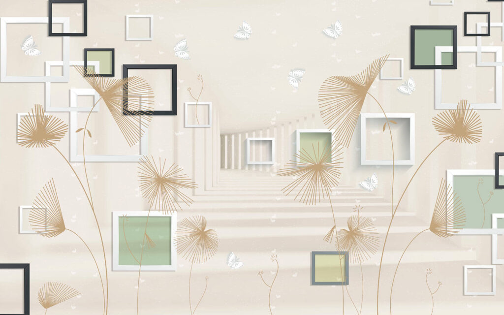 Papier peint avec des fleurs et des papillons blancs et bruns Papier peint avec des fleurs et des papillons blancs et bruns
