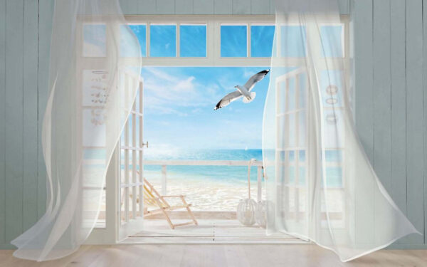 Vue d'une plage depuis une chambre avec un oiseau qui la survole Vue d'une plage depuis une chambre avec un oiseau qui la survole
