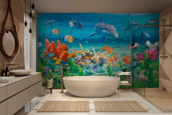 Groupe de poissons et de dauphins nageant dans l'océan Groupe de poissons et de dauphins nageant dans l'océan