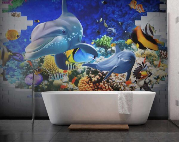 Peinture murale d'un poisson et de dauphins Peinture murale d'un poisson et de dauphins