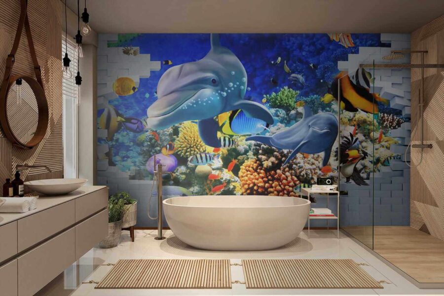 Peinture murale d'un poisson et de dauphins Peinture murale d'un poisson et de dauphins