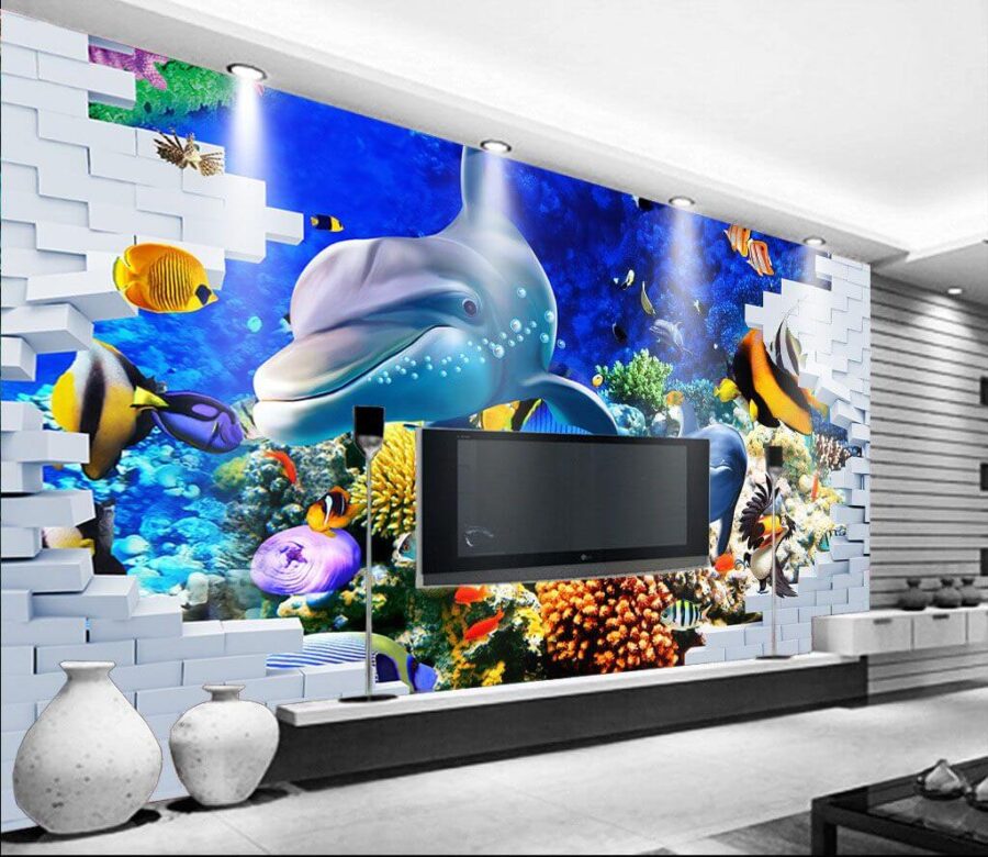 Peinture murale d'un poisson et de dauphins Peinture murale d'un poisson et de dauphins