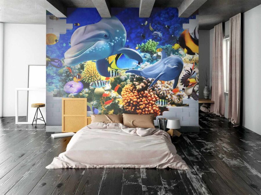 Peinture murale d'un poisson et de dauphins Peinture murale d'un poisson et de dauphins