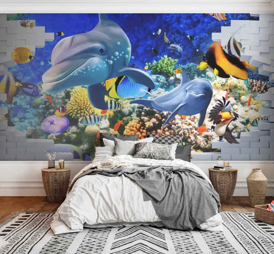 Peinture murale d'un poisson et de dauphins Peinture murale d'un poisson et de dauphins