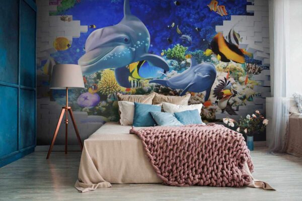 Peinture murale d'un poisson et de dauphins Peinture murale d'un poisson et de dauphins