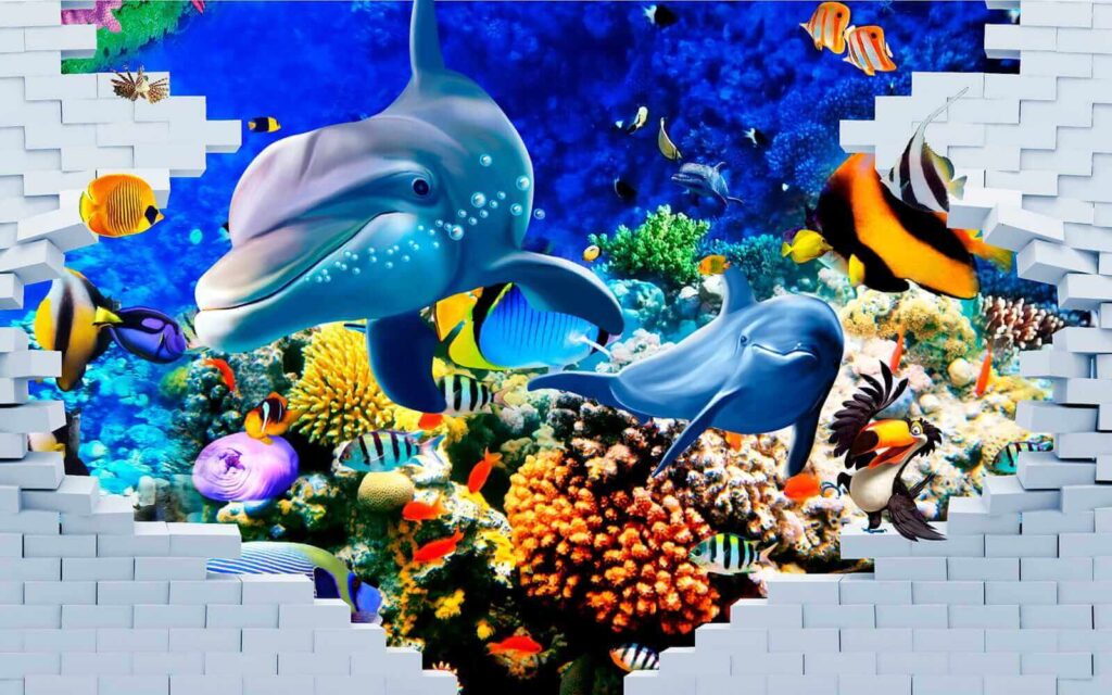 Peinture murale d'un poisson et de dauphins Peinture murale d'un poisson et de dauphins
