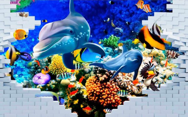 Peinture murale d'un poisson et de dauphins Peinture murale d'un poisson et de dauphins