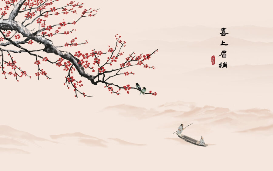 Branche d'arbre avec des fleurs rouges et un homme sur un bateau Branche d'arbre avec des fleurs rouges et un homme sur un bateau