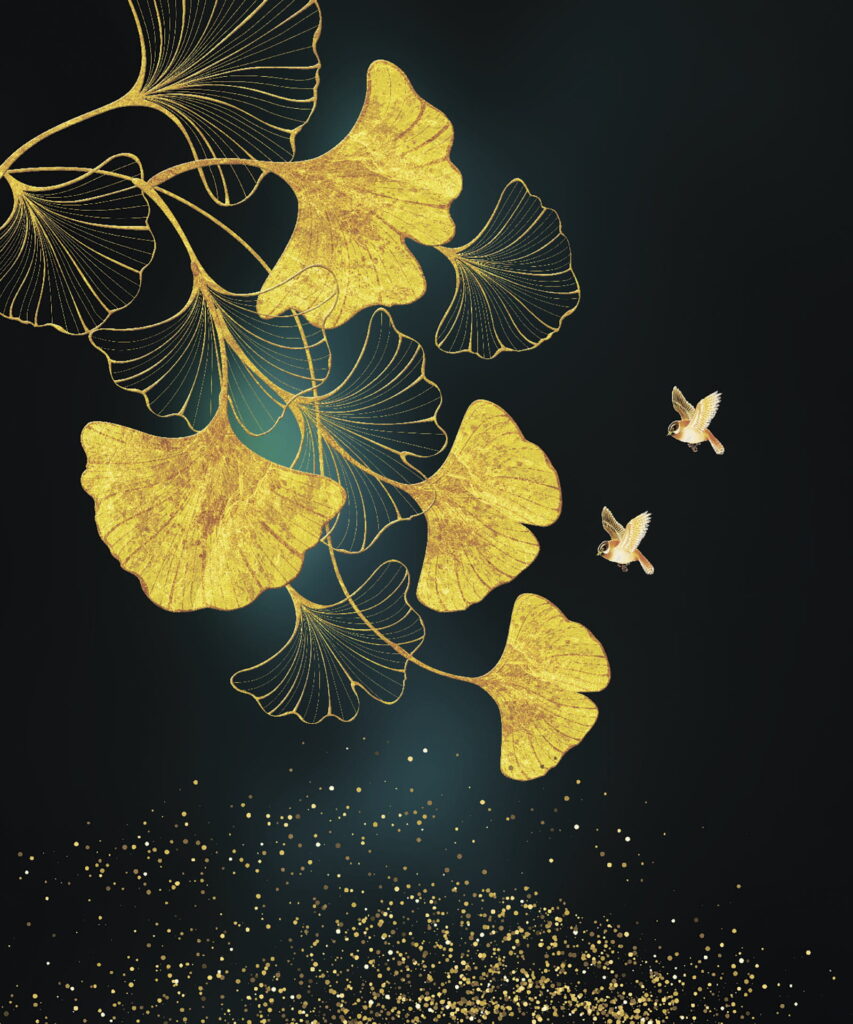 Feuilles de ginkgo et oiseaux dans l'élégance Feuilles de ginkgo et oiseaux dans l'élégance