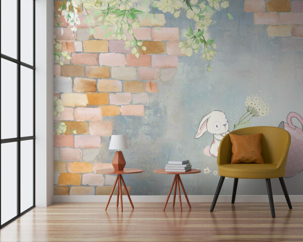 Papier peint Papier peint Lapin de dessin animé et maison avec fleurs (UGS : u38904)