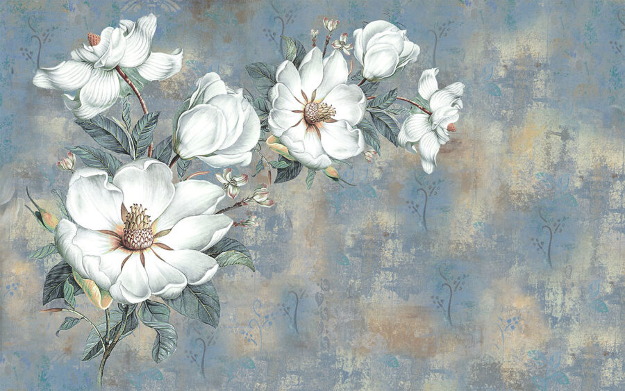 Fleurs blanches sur fond bleu