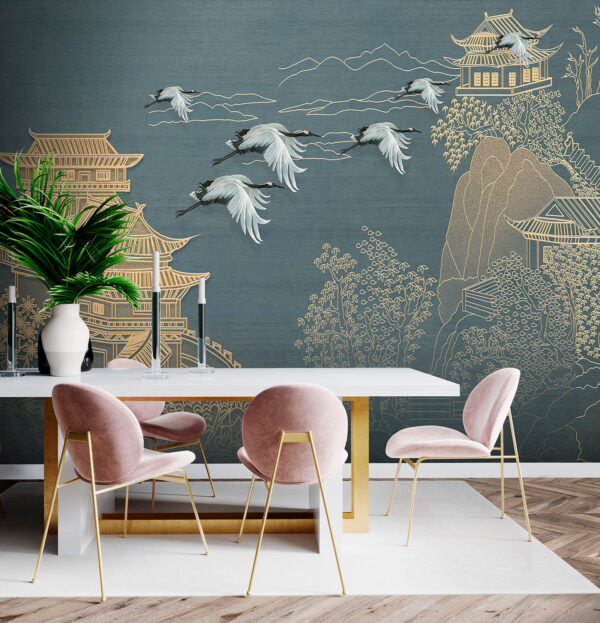 Peinture d'un paysage avec des grues volant au-dessus d'un bâtiment Peinture d'un paysage avec des grues volant au-dessus d'un bâtiment