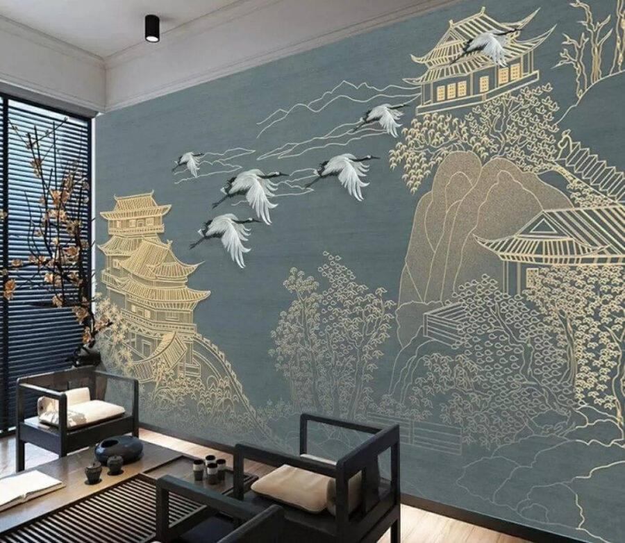 Papier peint Peinture d'un paysage avec des grues volant au-dessus d'un bâtiment