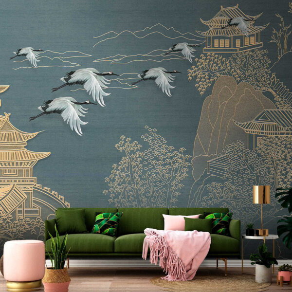 Peinture d'un paysage avec des grues volant au-dessus d'un bâtiment Peinture d'un paysage avec des grues volant au-dessus d'un bâtiment