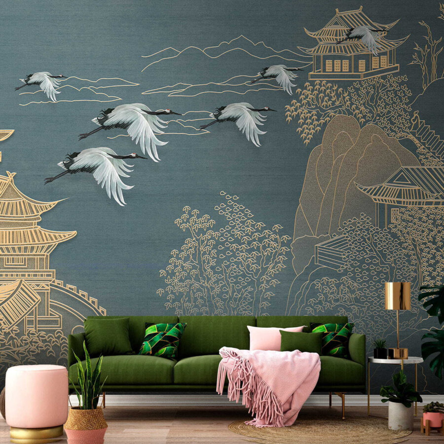 Papier peint Peinture d'un paysage avec des grues volant au-dessus d'un bâtiment – Image 8