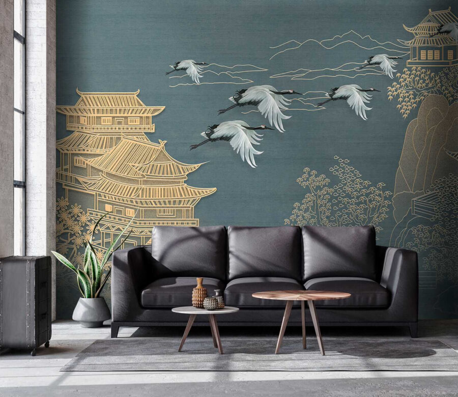 Papier peint Peinture d'un paysage avec des grues volant au-dessus d'un bâtiment – Image 7