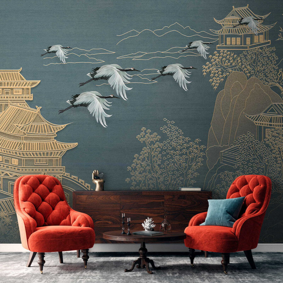 Papier peint Peinture d'un paysage avec des grues volant au-dessus d'un bâtiment – Image 6