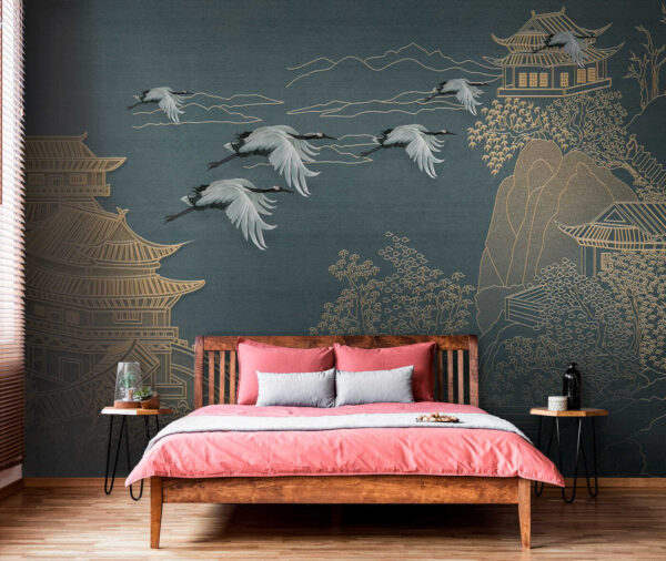 Peinture d'un paysage avec des grues volant au-dessus d'un bâtiment Peinture d'un paysage avec des grues volant au-dessus d'un bâtiment