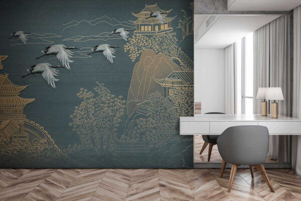 Peinture d'un paysage avec des grues volant au-dessus d'un bâtiment Peinture d'un paysage avec des grues volant au-dessus d'un bâtiment