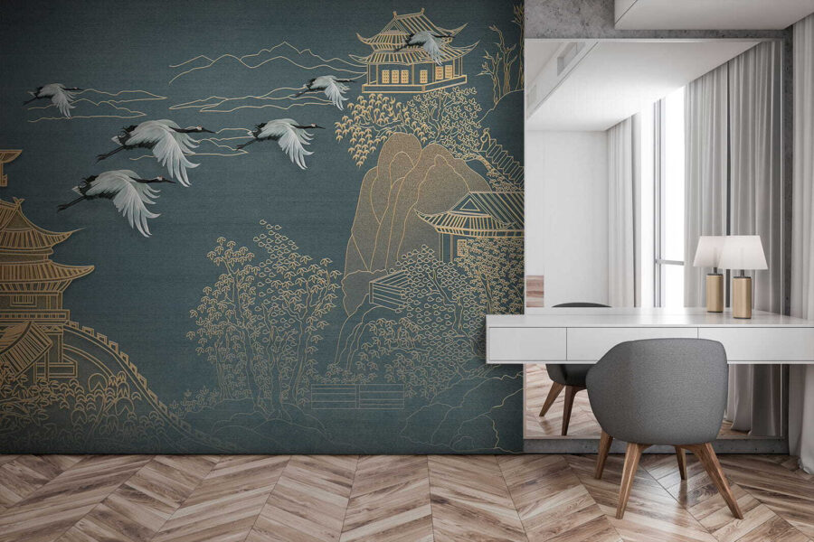 Papier peint Peinture d'un paysage avec des grues volant au-dessus d'un bâtiment – Image 4