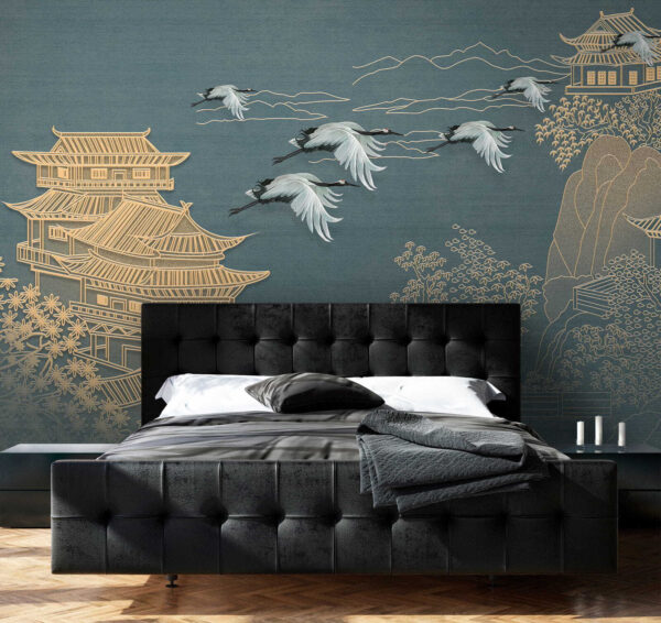 Peinture d'un paysage avec des grues volant au-dessus d'un bâtiment Peinture d'un paysage avec des grues volant au-dessus d'un bâtiment
