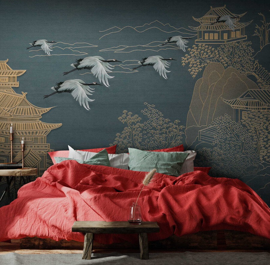 Papier peint Peinture d'un paysage avec des grues volant au-dessus d'un bâtiment – Image 2
