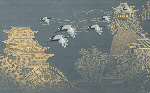 Peinture d'un paysage avec des grues volant au-dessus d'un bâtiment Peinture d'un paysage avec des grues volant au-dessus d'un bâtiment