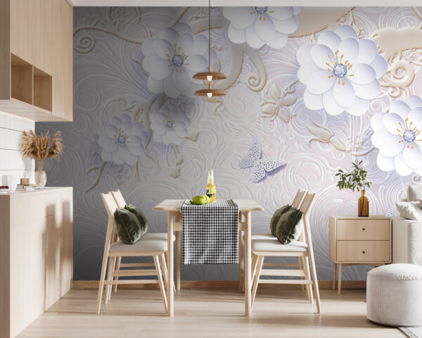 Papier peint avec des fleurs blanches et des papillons Papier peint avec des fleurs blanches et des papillons