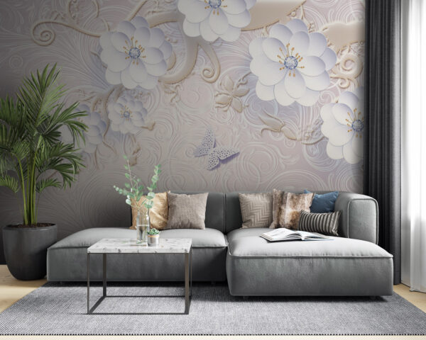 Papier peint avec des fleurs blanches et des papillons Papier peint avec des fleurs blanches et des papillons