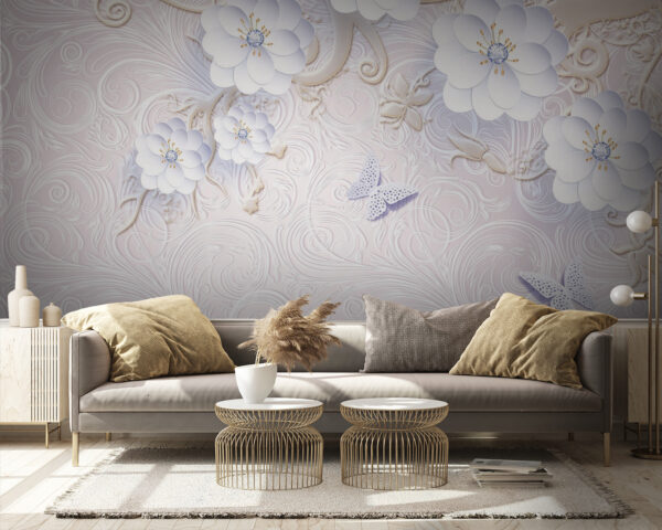 Papier peint avec des fleurs blanches et des papillons Papier peint avec des fleurs blanches et des papillons