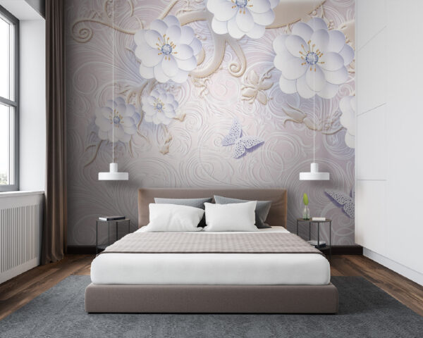 Papier peint avec des fleurs blanches et des papillons Papier peint avec des fleurs blanches et des papillons