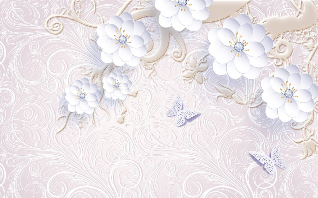 Papier peint avec des fleurs blanches et des papillons Papier peint avec des fleurs blanches et des papillons